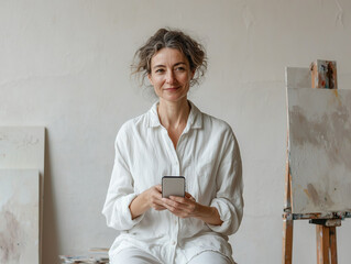 Femme peintre de 40 ans en chemise blanche dans son atelier, regarde en souriant son smartphone, fond blanc, personnage pour publicité, pour artiste