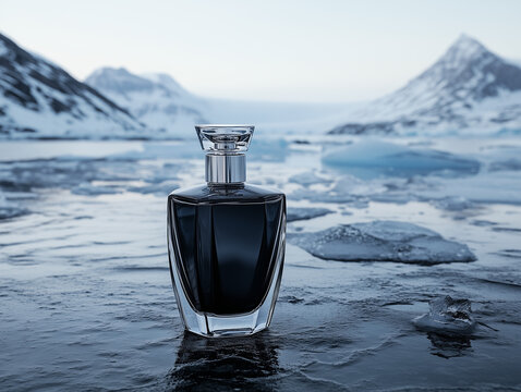 Photographie publicitaire d'un design de produit : une bouteille d'huile, de parfum ou de cosm&eacute;tique pour homme en verre au milieu d'un d&eacute;cors sauvage glac&eacute;