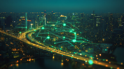 Smart digital Innovation city with connection network reciprocity over the twilight cityscape. of future smart wireless digital city and social media networking systems that connects people with city