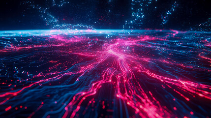 Abstract Neon Streams: A Digital Landscape of Pink and Blue Energy