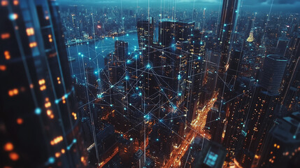 Fototapeta premium Smart digital Innovation city with connection network reciprocity over the twilight cityscape. of future smart wireless digital city and social media networking systems that connects people with city