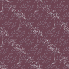 A pattern of birds stork is shown on a purple background. The birds are white and black. The pattern is made up of many birds