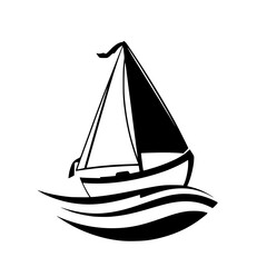 Sailboat on Waves: A Black and White Nautical Illustration. Perfect for marine, nautical, summer, travel, and vacation themes.