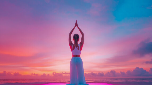 Serene Sunrise Yoga Pose: Woman in White Clothing Practicing at Ocean's Edge