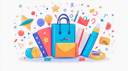 Backpack brimming with school supplies and vibrant elements.