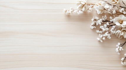 Fototapeta premium Beige wooden surface with white flowers in corner