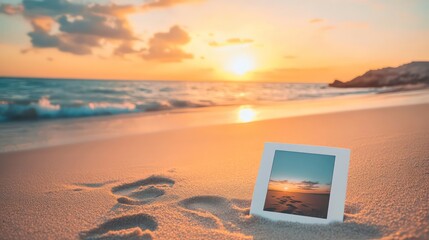 A polaroid photo of a sunset over a sandy beach with footprints in the sand.