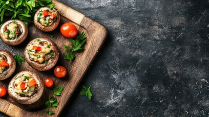 Stuffed mushrooms with cheese, herbs, and cherry tomatoes on wooden board