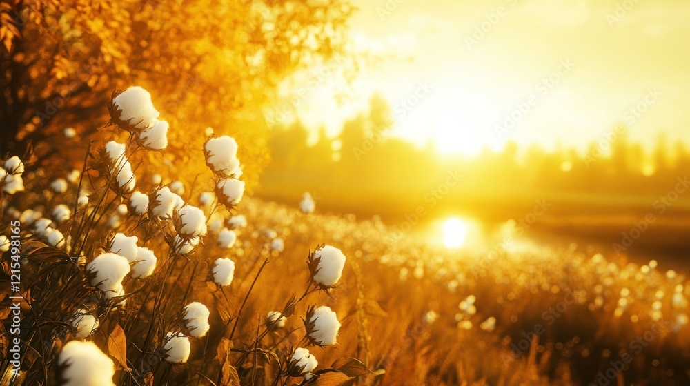 Wall mural Golden sunrise over a field of fluffy white wildflowers near a calm river.