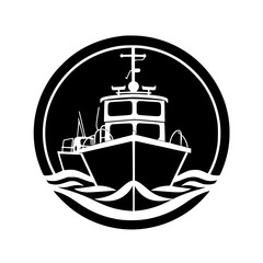 Nautical Vessel Icon: Black and White Boat on Waves, Maritime Symbol, Vector Graphic