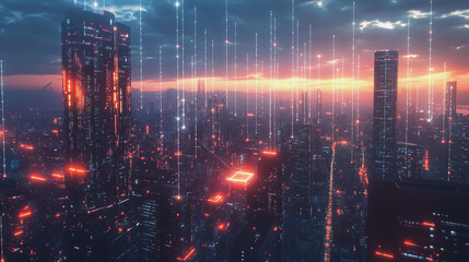 Obraz premium Smart digital Innovation city with connection network reciprocity over the twilight cityscape. of future smart wireless digital city and social media networking systems that connects people with city