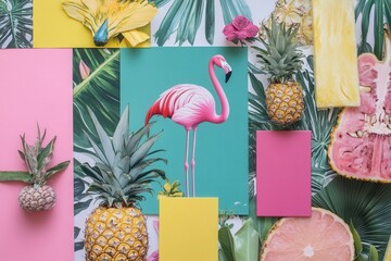 Tropical mood board featuring flamingo, pineapple, and vibrant colors