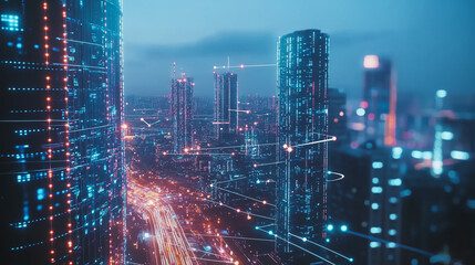 Obraz premium Smart digital Innovation city with connection network reciprocity over the twilight cityscape. of future smart wireless digital city and social media networking systems that connects people with city