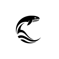 Whale Jumping Ocean Wave: Stylish Black and White Marine Mammal Logo Design