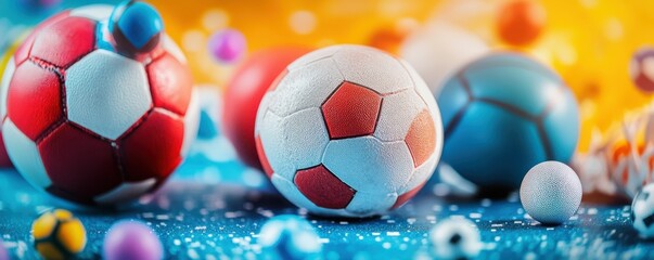 Colorful assortment of soccer balls on vibrant background
