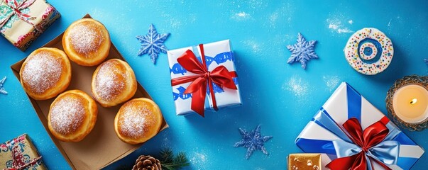 Obraz premium Hanukkah celebration with sufganiyot and wrapped gifts on blue background