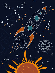 The rocket flies in space. Sun, planets and stars. Funny space themed illustration. Suitable for printing on fabric, textile, paper.