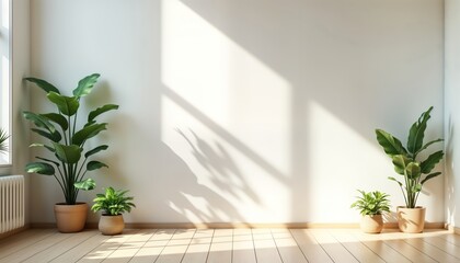 Empty room with light streaming in through window. Two large plants placed in light brown pots on light wooden floor. Sunlight creates shadows on white wall. Ideal background for zoom meetings