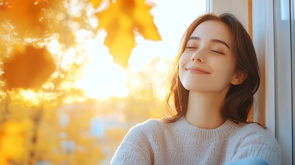A young woman enjoying a serene moment by the window, surrounded by autumn leaves. She radiates calm and happiness as the warm sunlight warms her face.