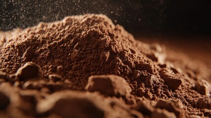 Cocoa powder pile, dark background, dust, food, advertising