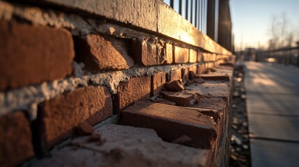 Fototapeta premium A close-up of sunlit bricks forming a weathered wall along a sidewalk at dusk, casting long shadows.