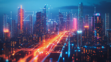 Fototapeta premium Smart digital Innovation city with connection network reciprocity over the twilight cityscape. of future smart wireless digital city and social media networking systems that connects people with city