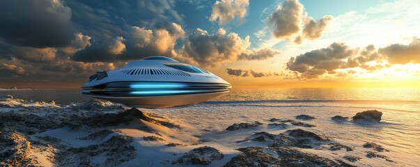 Obraz premium Futuristic spaceship hovering over beach at sunset with dramatic clouds