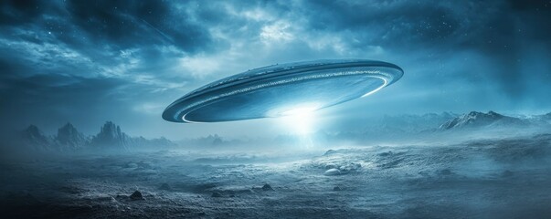 Obraz premium Mysterious ufo hovering over alien landscape under night sky