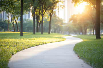 Obraz premium A serene pathway winding through a lush green park, illuminated by the warm glow of the morning sun, surrounded by tall trees and soft grass, perfect for relaxation and recreation.