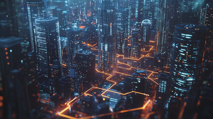 Obraz premium Smart digital Innovation city with connection network reciprocity over the twilight cityscape. of future smart wireless digital city and social media networking systems that connects people with city