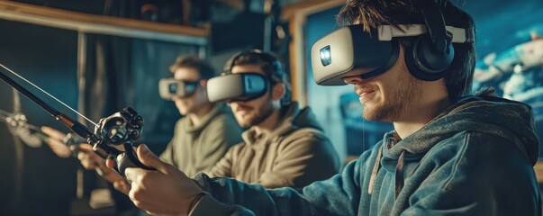 Young caucasian males experiencing virtual reality fishing adventure indoors