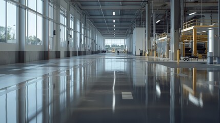 Sunlight pours through an expansive, empty industrial space, creating a mirror-like reflection on the sleek, glossy floor.