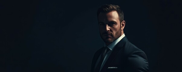 Obraz premium Confident caucasian male adult in dark suit with intense gaze