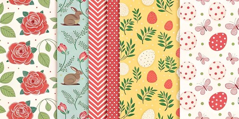 Roses, eggs, rabbits, butterflies, stripes and polka dot seamless patterns. Vector collection in red, yellow and green pastel colors. Best for textile, wrapping paper, package and easter decoration. 
