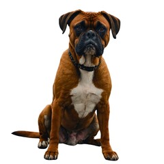 Obraz premium Boxer breed dog isolated on white background. Purebred Boxer dog sitting on white background facing and looking forward.Boxer Dog Isolated on a White Background on Transparent Background 