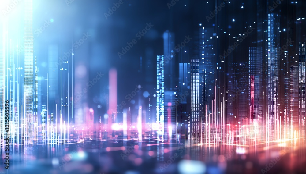 Poster abstract digital landscape with glowing lines and particles representing data flow and technological