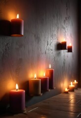 An abstract background featuring multiple burning candles and a few subtle shadows cast on the walls, adding depth and mystery to the scene, enchanting, atmospheric
