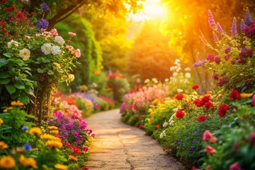 Fototapeta premium Serene Garden Path: Blooming Flowers & Soft Light - Stock Photo