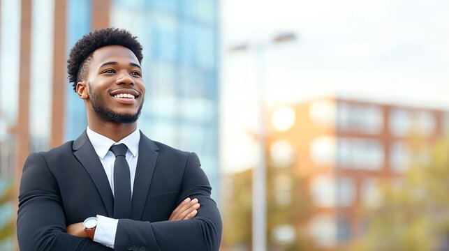 Confident young man in a suit smiling outdoors, standing with arms crossed against a backdrop of modern buildings.