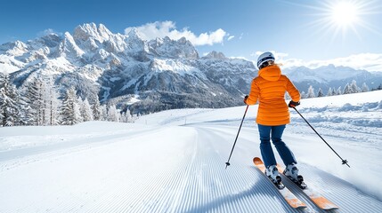 A skier in an orange jacket gliding down a snowy slope, surrounded by majestic mountains under a bright sun. A perfect winter scene capturing the thrill of skiing.