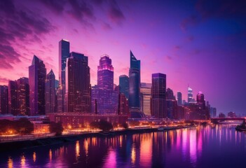 Fototapeta premium enchanting urban skyline surrounded soft glimmering magical atmosphere dusk, city, twilight, lights, illumination, buildings, architecture, horizon