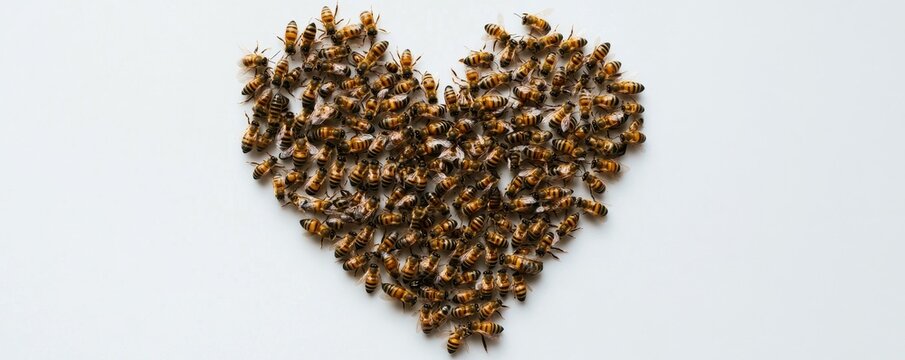 Heart shaped bee cluster on white background