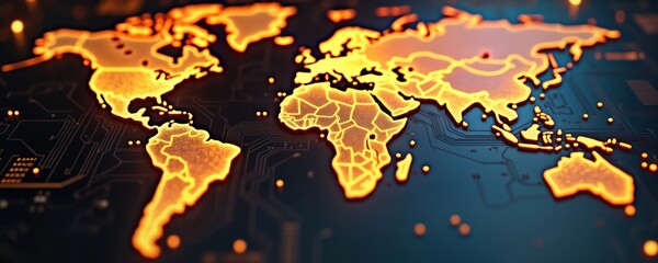 Global network data transfer visualized on circuit board map. World map glowing golden on tech board. Connectivity concept. International data flow. Modern tech visualization. Business global