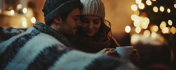 Cozy winter evening with couple embracing by fireplace and lights