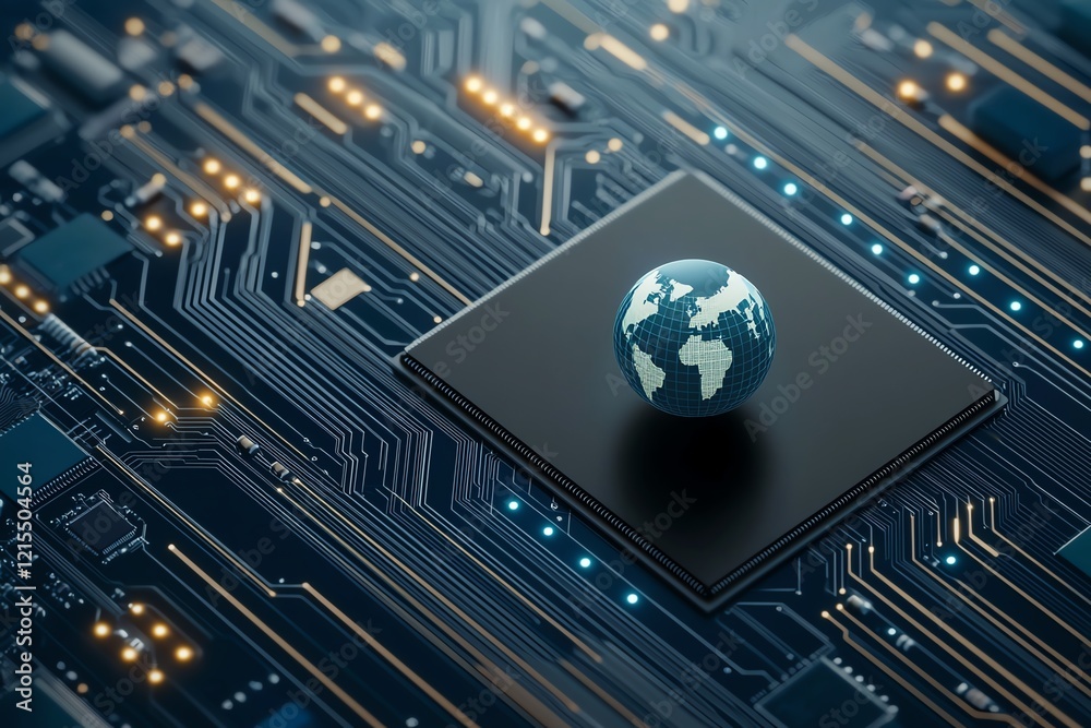 Poster a close-up view of a globe positioned on a computer chip, symbolizing the connection between technol