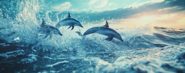 Naklejka premium Playful dolphins leaping in vibrant ocean waves at sunset