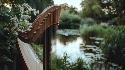 A harp nestled among blooming flowers by a tranquil pond, capturing a serene blend of nature and music in the soft morning light.
