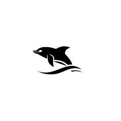 Dolphin leaping over a wave.  A sleek, black and white vector graphic design, perfect for logos, icons, and marine-themed projects.  Simple, elegant, and full of aquatic energy.