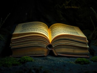 A stack of yellowed, ornate book pages softly aglow in a dimly lit, moss-covered cave, soft focus, mystical caves, moss covered walls