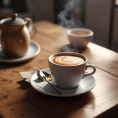 Fototapeta premium A steaming cup of coffee with cornetti on a ceramic table, , food, table